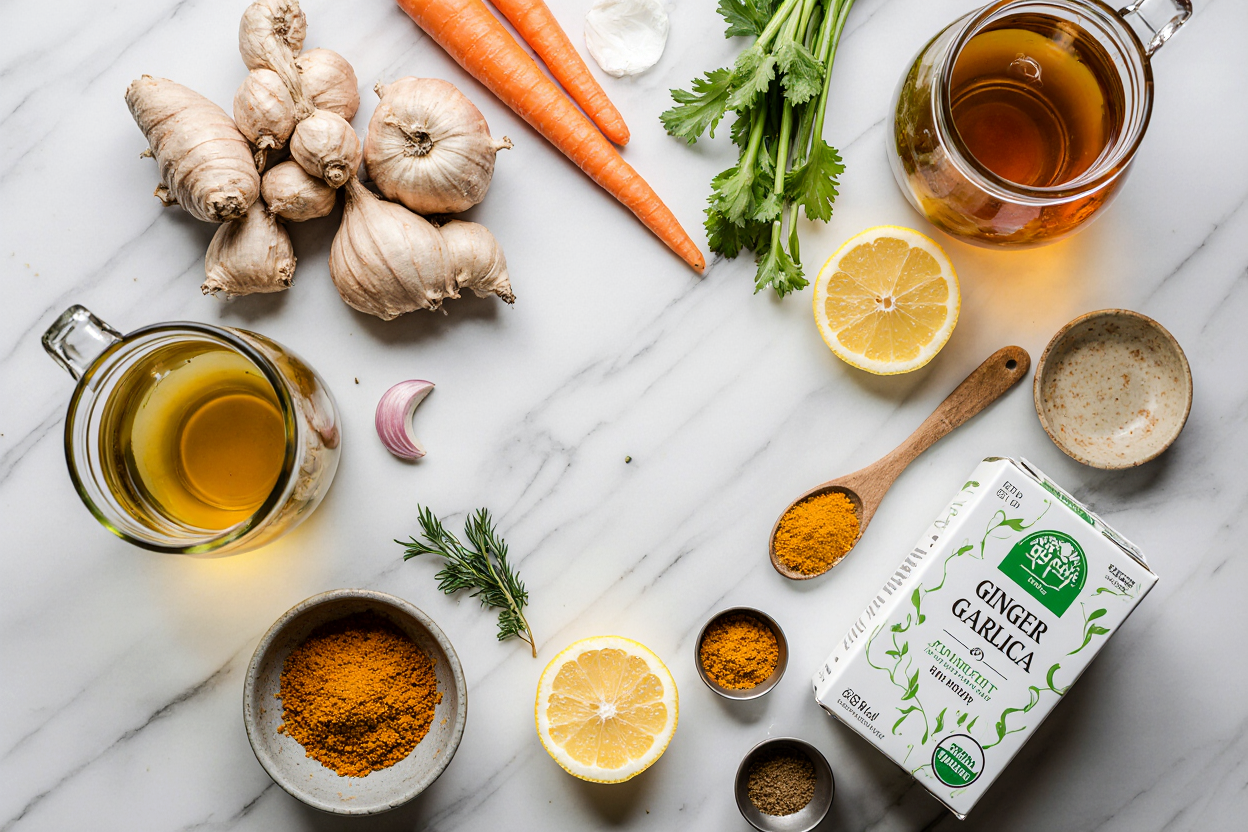Photorealistic flat lay composition of fresh ingredients for healing ginger garlic broth arranged artfully on a white marble surface: whole fresh ginger roots, peeled garlic cloves, yellow onion halves, sliced carrots and celery, lemon wedges, bay leaves, turmeric powder in small bowl, olive oil bottle, vegetable broth carton. Subtle steam hints at freshness, soft shadows, top-down view with wooden spoon and measuring cups. Bright natural daylight, appetizing colors pop, professional recipe photo style, 3:2 aspect ratio.