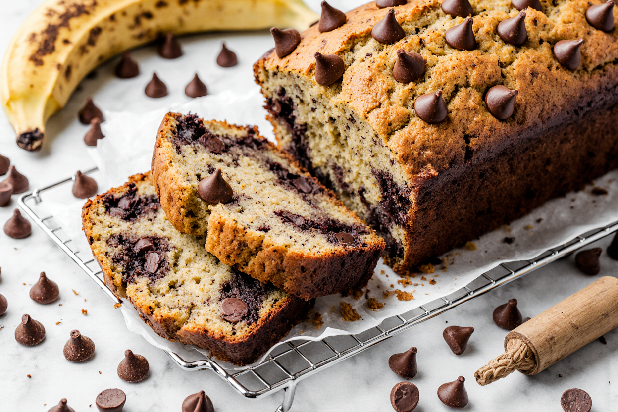 Super Moist Chocolate Chip Banana Bread Recipe (One Bowl!) 6 Hot oven-fresh super moist chocolate chip banana bread loaf in pan, domed golden top with cracks, chocolate chips melted on surface, steam escaping, cooling rack waiting, irresistible aroma implied.