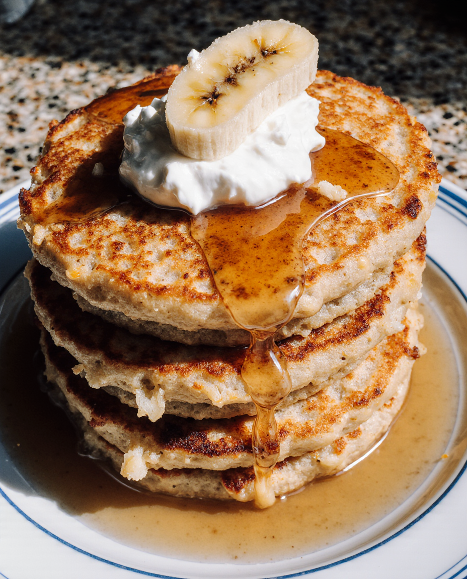 Najlepszy przepis na puszyste naleśniki bananowe z twarogiem | Closeup zoomed-in amateur photo from reddit, taken with iphone 17 pro MAX in human view side angle, looking taken by amateur, juicy mouthwatering homemade fluffy banana pancakes with cottage cheese, golden brown and perfectly cooked, served with a drizzle of maple syrup and fresh fruits on the side. --iw 3