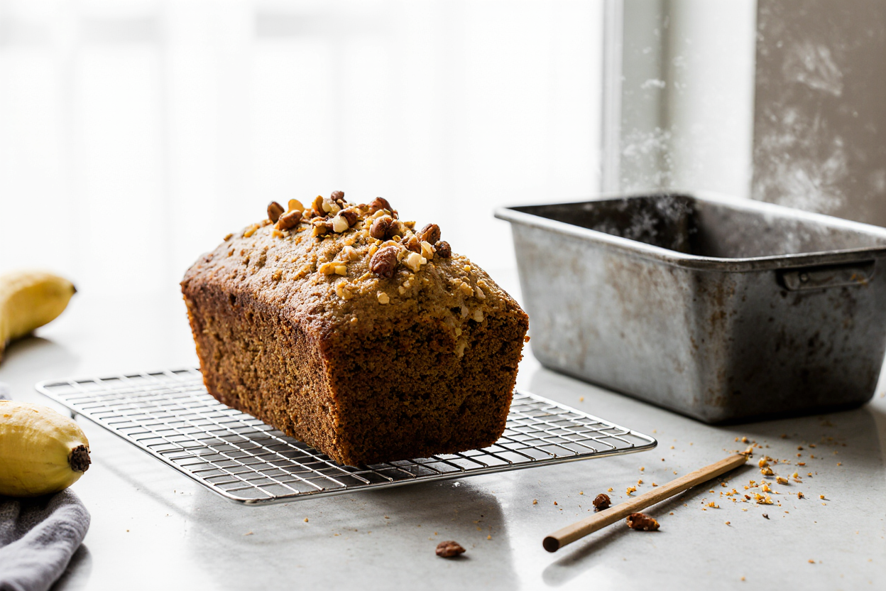 Moist Banana Nut Bread Recipe 6 Freshly baked moist banana nut bread loaf cooling on wire rack, toothpick clean nearby, pan aside, subtle steam. Perfect dome top with nuts, golden crust, kitchen window light, after-bake satisfaction image, square 1:1, 4K ultra HD