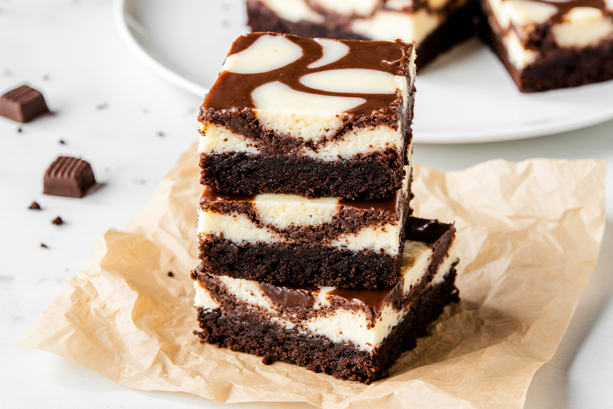 A stunning close-up stack of three fudgy cheesecake brownies on crinkled parchment paper, showcasing beautiful chocolate marbled swirls on creamy white cheesecake topping over dense brownie base, rich glossy chocolate shine, soft natural light, food photography style, high resolution, appetizing textures, 16:9 aspect ratio
