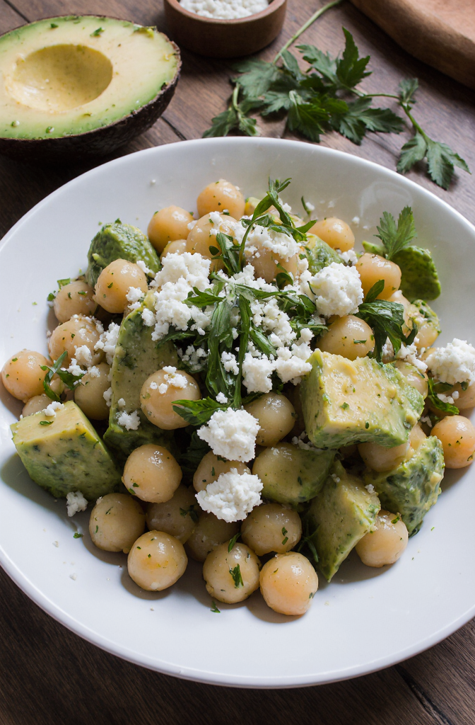 Fresh chickpea salad with avocado, creamy feta cheese, and spicy herbs | Amateur zoomed-in close-up from Reddit, taken on iPhone 17 Pro during the day from the side. Shot by amateur. Delicious fresh homemade chickpea salad with creamy avocado, tangy feta cheese, and a bunch of fresh herbs, drizzled with a zesty lemon dressing, perfect for a light appetizer or side dish. --iw 3