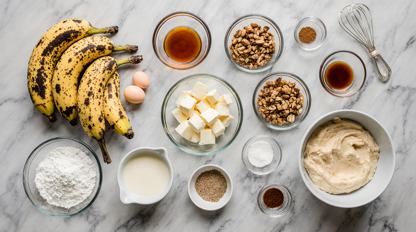 Photorealistic overhead flatlay of all ingredients for moist banana walnut cake artfully arranged on marble counter: cluster of 4 black-spotted overripe bananas, small glass bowl of 1.5 cups mashed banana puree, pile of 1.25 cups chopped toasted walnuts, sticks of softened butter, measuring cups with granulated sugar brown sugar sour cream, eggs in carton, glass jars of flour baking powder soda cinnamon, small bowls of vanilla extract cream cheese powdered sugar, 9x13 baking pan and whisk as accents, soft morning light soft shadows clean food blog styling, aspect ratio 3:2.
