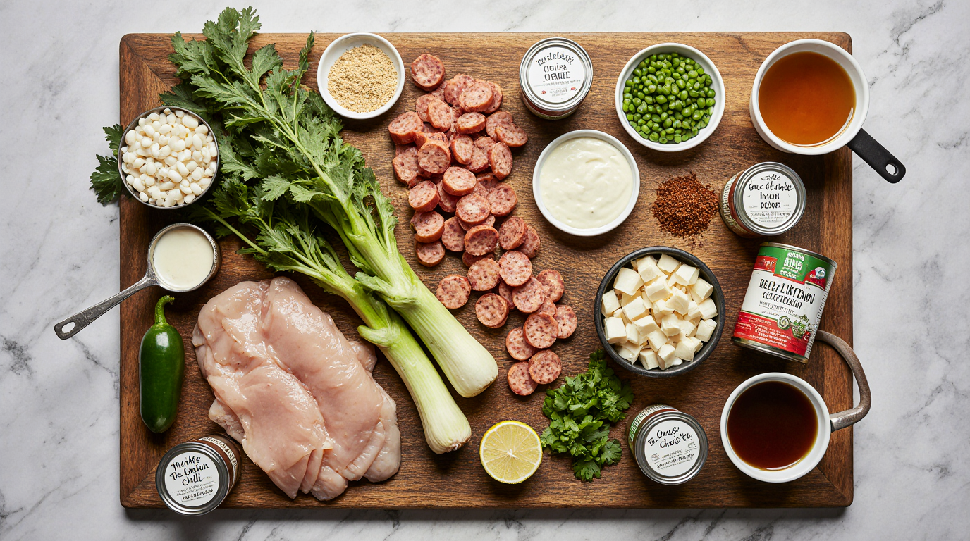 Cajun White Chicken Chili Recipe (Creamy Instant Pot or Stovetop, 25 Minutes) 6 Photorealistic top-down flat lay of all ingredients for Cajun white chicken chili arranged neatly on a wooden cutting board: bite-sized chicken pieces, sliced andouille sausage rounds, diced onion celery green bell pepper jalapeño (holy trinity), minced garlic in bowl, cans of white beans and green chiles, chicken broth carton, cubed cream cheese, lime halves, jars of Cajun seasoning cumin chili powder smoked paprika. Olive oil bottle and pot nearby. Bright overhead lighting, fresh vibrant colors, labeled subtly if possible, appetizing food styling, 3:2 aspect ratio, high resolution.
