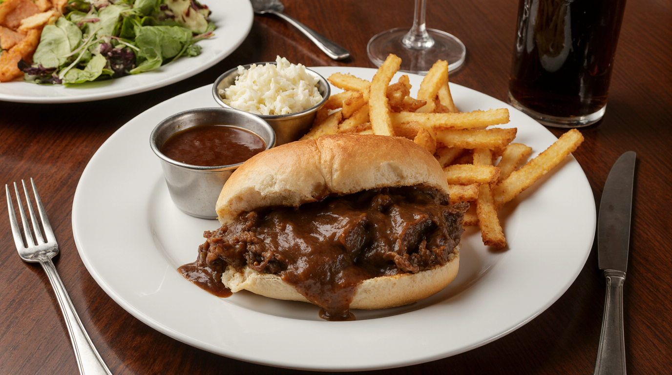 Crockpot French Dip Sandwiches (Easy Slow Cooker Recipe with Au Jus) 6 Plated meal: Crockpot French Dip Sandwich cut in half next to crispy fries, coleslaw side salad, small au jus bowl, family dinner table setting, steam effects, inviting warm lighting, horizontal food spread