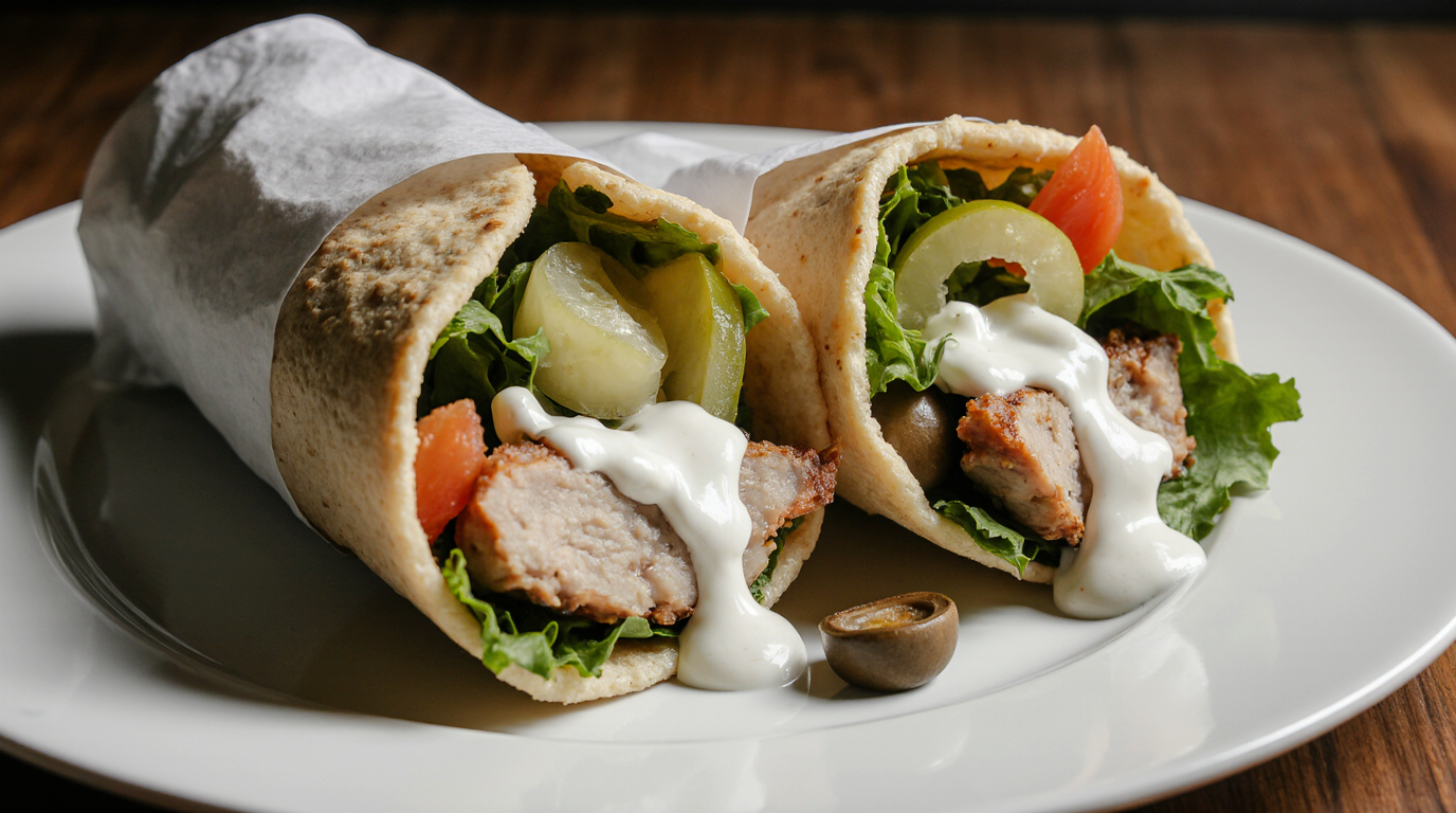 Slow Cooker Chicken Shawarma Recipe (Easy, Healthy, Gluten-Free) 7 Half-cut pita wrap stuffed with slow cooker chicken shawarma slices, generous yogurt sauce drizzle, pickled turnips olives tomatoes lettuce spilling out, cross-section view showing juicy layers, parchment paper wrap, professional food blog styling, warm lighting shadows, ultra high res 16:9 hero secondary.