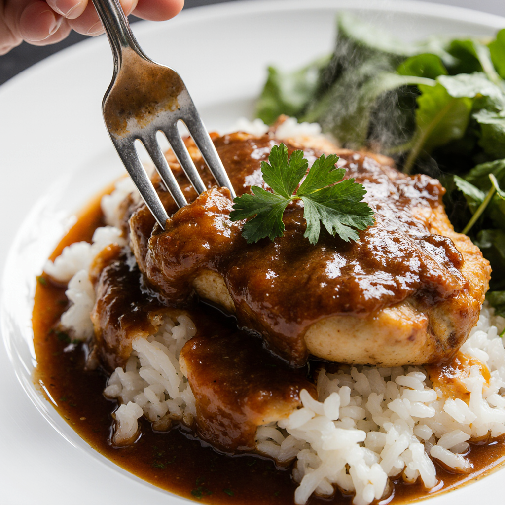 Plated serving of smothered chicken over rice with extra sauce ladled on top, fresh parsley garnish, fork piercing juicy chicken, side salad blurred background, appetizing steam, photorealistic dining shot,