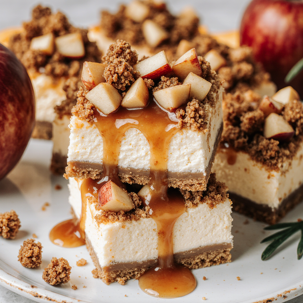 Best Caramel Apple Cheesecake Bars Recipe (Easy Streusel Fall Dessert) 4 Single caramel apple cheesecake bar on a white dessert plate garnished with apple slice and cinnamon stick, fork cutting in revealing layers, soft bokeh background with more bars, elegant food styling, photorealistic, 1:1