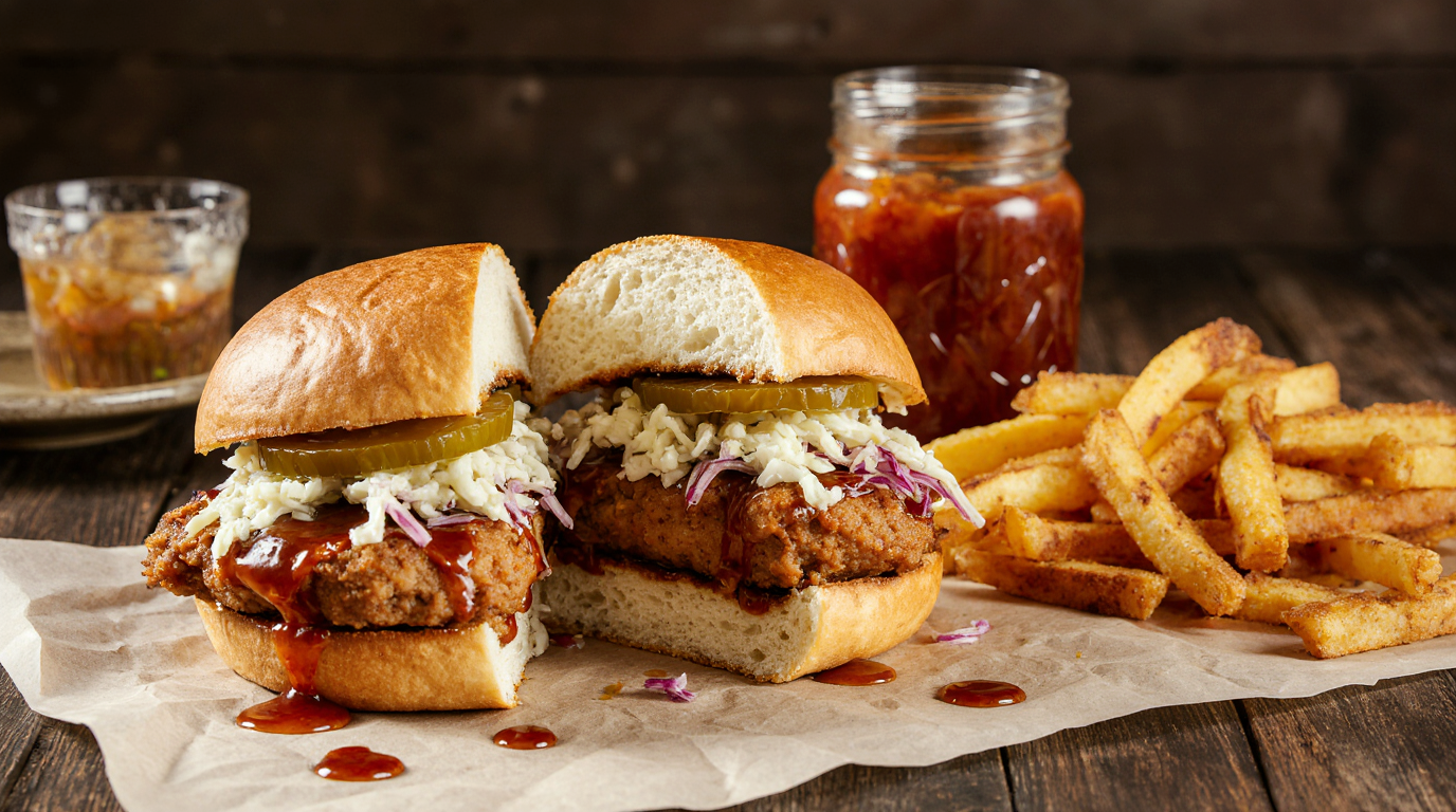Slow Cooker Hot Honey Chicken Sandwiches 6 Rustic table scene with assembled sandwich cut in half revealing layers: saucy chicken, pickles, coleslaw on bun, side of waffle fries, pickle jar, sauce drizzle, multiple angles implied, vibrant colors, 16:9.