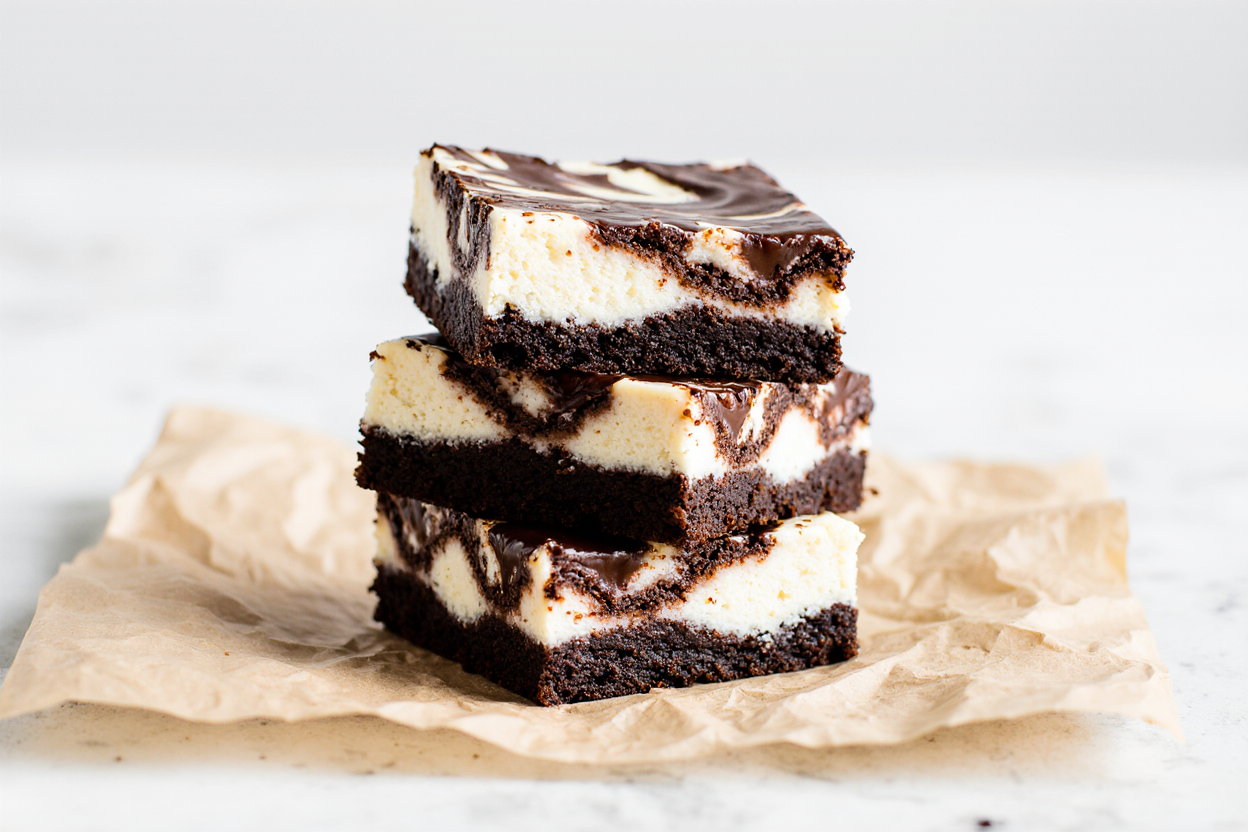 Ultimate Fudgy Cheesecake Brownies 7 A stunning close-up stack of three fudgy cheesecake brownies on crinkled parchment paper, showcasing beautiful chocolate marbled swirls on creamy white cheesecake topping over dense brownie base, rich glossy chocolate shine, soft natural light, food photography style, high resolution, appetizing textures, 16:9 aspect ratio