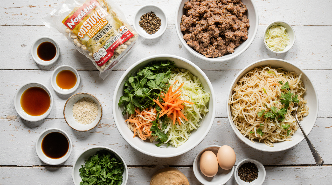 Create a vibrant 3:2 overhead flat lay food photography of all ingredients for Potsticker Noodle Bowls laid out recipe card style. Center: bundle thin rice noodles, pound ground pork tub, full 14oz bag coleslaw mix spilling cabbage/carrot shreds. Around: small bowls of soy sauce, hoisin, rice vinegar, sesame oil, minced garlic, grated ginger, green onions, beaten eggs in shell, black pepper jar. Clean white wood board, bright even lighting, fresh appealing colors, ultra-detailed textures, food blog prep vibe.