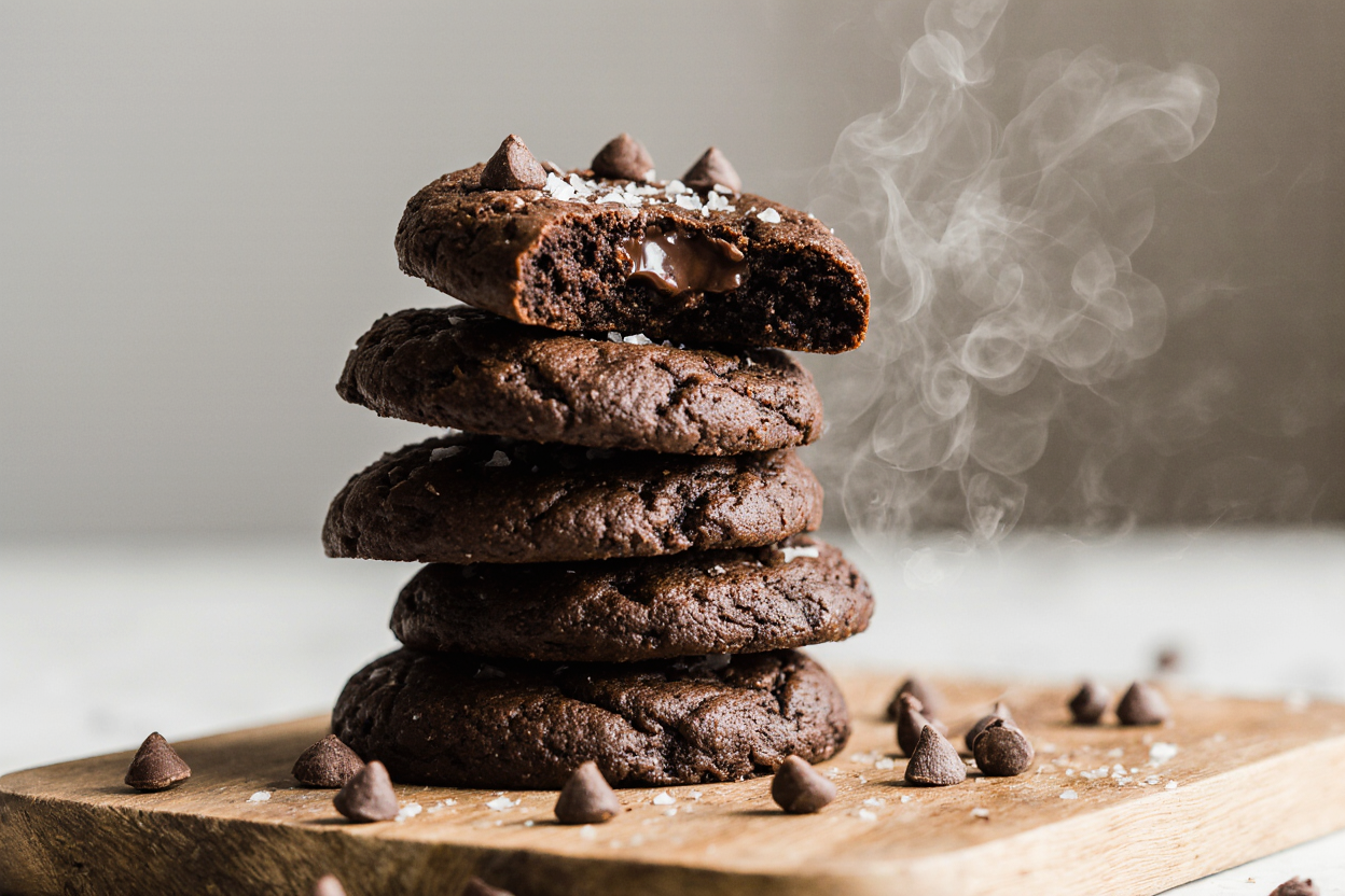 The BEST Fudgy Chewy Brookies (Brownie Cookies) Recipe 6 Photorealistic close-up of a tall stack of 5 fudgy chewy brookies on a rustic wooden board against a light blurred kitchen background, glossy crackly chocolate tops with gooey centers peeking out, scattered semi-sweet chocolate chips and flaky sea salt, warm golden hour lighting from the left highlighting textures, steam rising subtly for freshness, professional food blog hero shot style, 3:2 aspect ratio, highly detailed, 4K