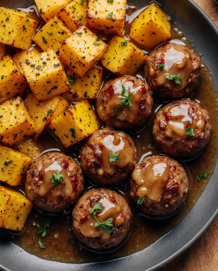 Patty sausages with sweet potatoes in honey-garlic sauce | Closeup zoomed-in amateur photo from reddit, taken with iphone 17 pro in human view side angle, looking taken by amateur, juicy mouthwatering homemade juicy chicken sausages with sweet potatoes drizzled in a rich honey-garlic sauce, beautifully garnished with fresh parsley, showing the vibrant colors and textures of this delicious dish. --iw 3