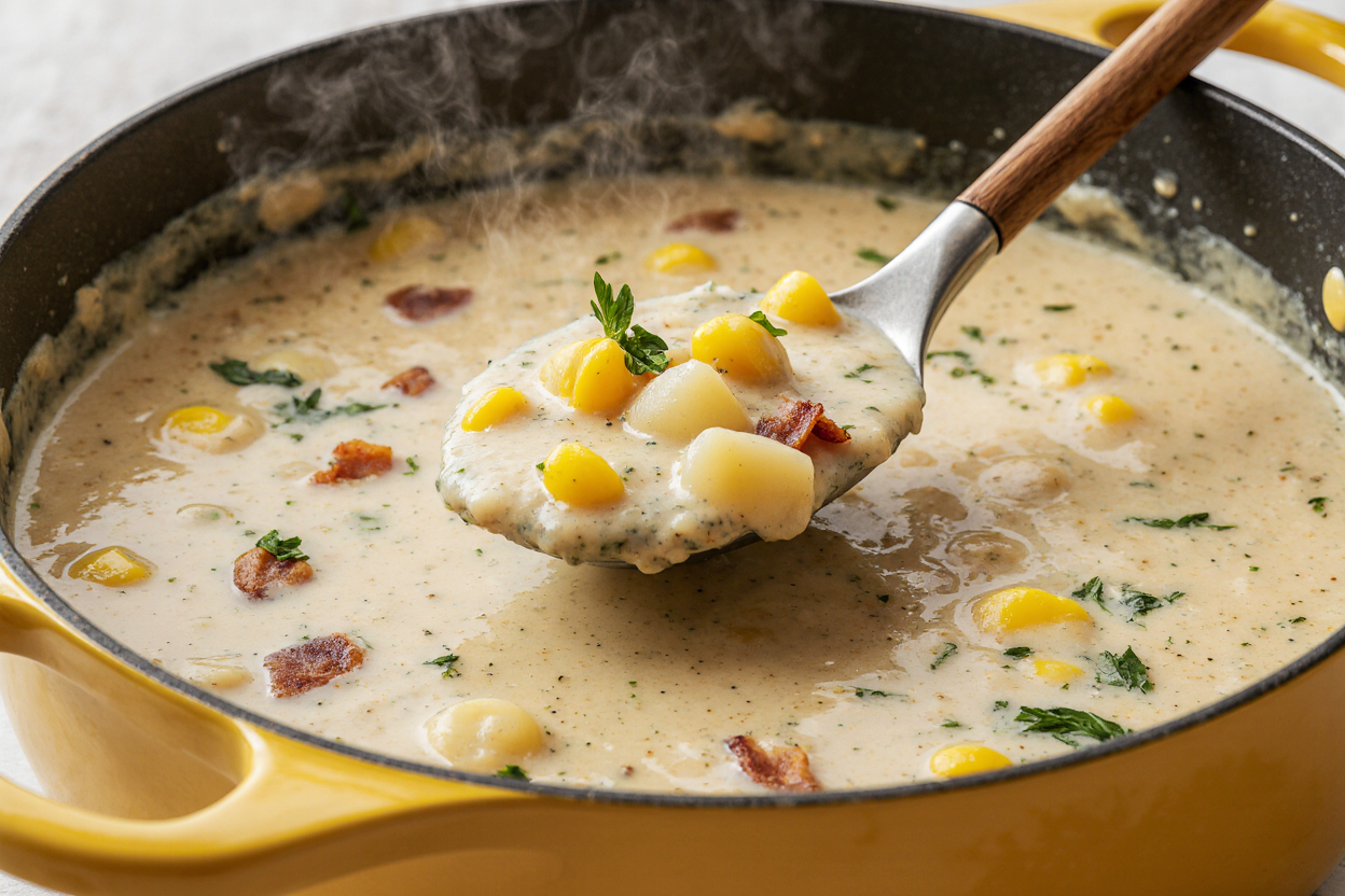 Tight close-up of creamy corn chowder in yellow soup pot with wooden ladle scooping a portion. Thick golden broth showing corn, potato chunks, subtle bacon flecks. Creamy texture, fresh parsley garnish on surface, steam wisps. Luxurious food photography, macro lens bokeh background. Vertical 3:2 for mobile.
