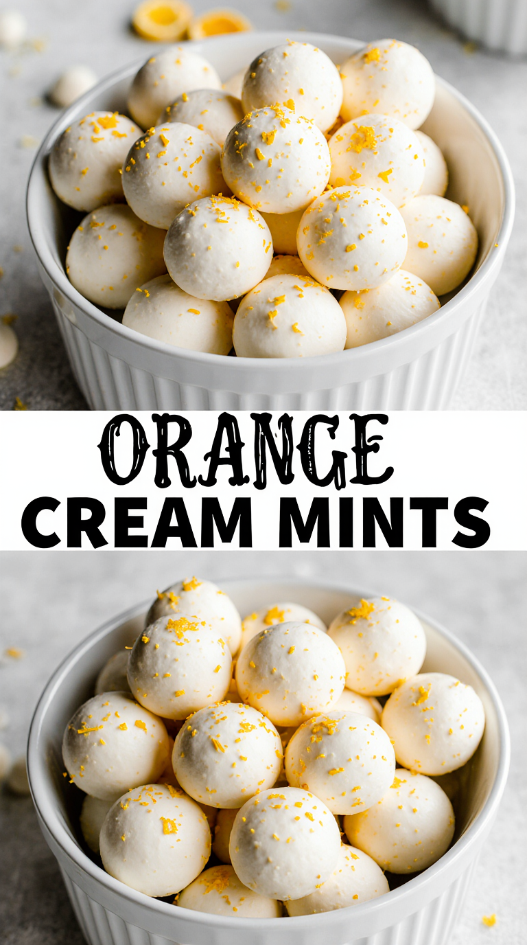 “Pinterest-style food photo featuring a white bowl filled with orange cream mints—small round white candies with ridged tops and sprinkled orange zest. Bright soft lighting and clean background. A bold centered text overlay in black serif font reading ‘ORANGE CREAM MINTS’ placed between two images, creating a vertical split-layout design.”