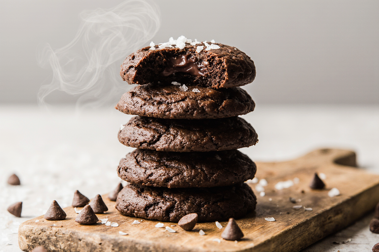 Ultimate Fudgy Chewy Brookies Recipe 7 Photorealistic close-up of a tall stack of 5 fudgy chewy brookies on a rustic wooden board against a light blurred kitchen background, glossy crackly chocolate tops with gooey centers peeking out, scattered semi-sweet chocolate chips and flaky sea salt, warm golden hour lighting from the left highlighting textures, steam rising subtly for freshness, professional food blog hero shot style, 3:2 aspect ratio, highly detailed, 4K
