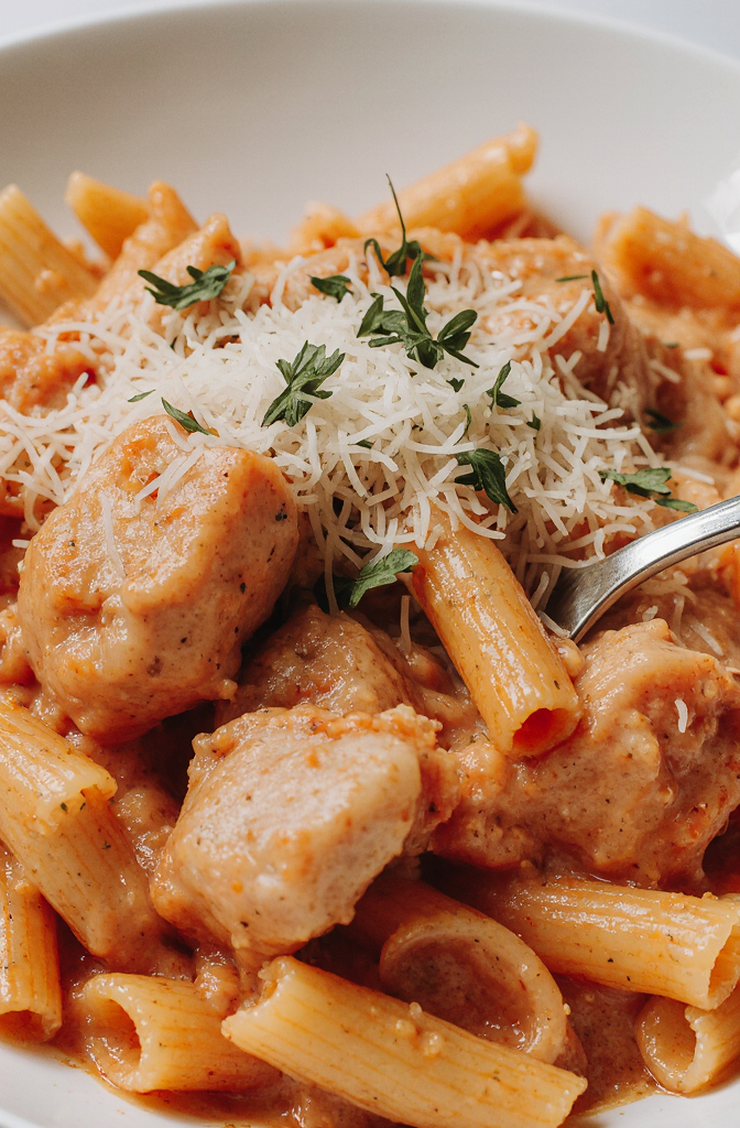 Creamy Chicken Parmesan Pasta | Enlarged close-up from Reddit, taken during the day on an iPhone 17 Pro from a side angle, taken by amateurs. Delicious and mouthwatering homemade creamy pasta with chicken and parmesan, with tender chicken pieces, a rich creamy sauce, and a sprinkle of fresh parsley on top, all encased in perfectly cooked pasta. --iw 3