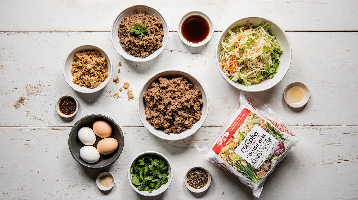 Potsticker Noodle Bowls (Easy 30-Minute Recipe) 6 Create a vibrant 3:2 overhead flat lay food photography of all ingredients for Potsticker Noodle Bowls laid out recipe card style. Center: bundle thin rice noodles, pound ground pork tub, full 14oz bag coleslaw mix spilling cabbage/carrot shreds. Around: small bowls of soy sauce, hoisin, rice vinegar, sesame oil, minced garlic, grated ginger, green onions, beaten eggs in shell, black pepper jar. Clean white wood board, bright even lighting, fresh appealing colors, ultra-detailed textures, food blog prep vibe.