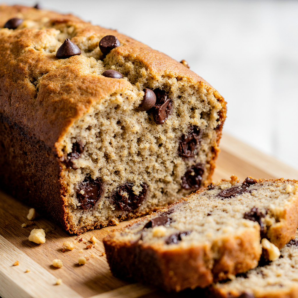 Ultimate Banana Bread Recipe: Moist, Easy, Best Ever! 7 Vertical shot of sliced banana bread loaf on cutting board, exposing moist crumb loaded with chocolate chips and nuts, crisp edges, crumbs scattered, natural light, mouthwatering interior reveal, 9:16 portrait for pins.