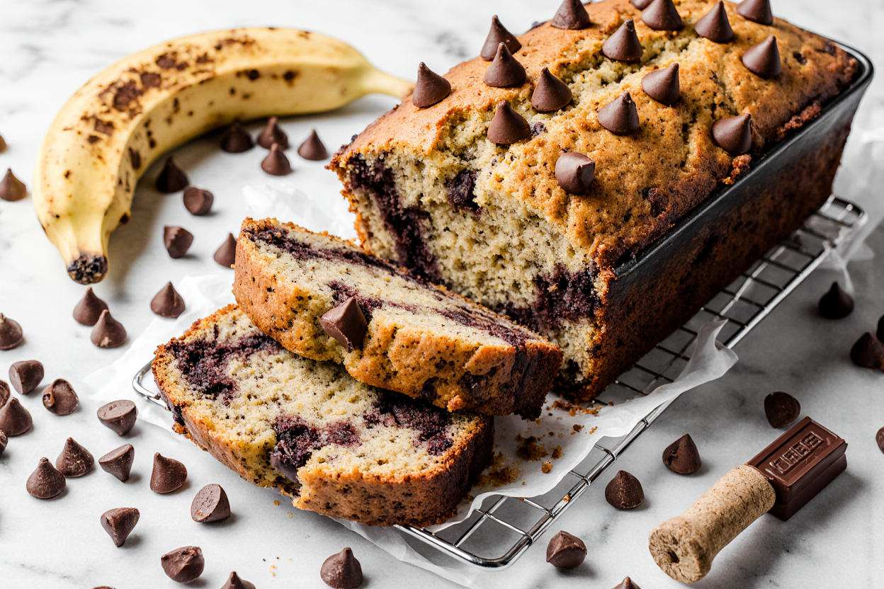 Super Moist Chocolate Chip Banana Bread Recipe (Best Ever!) 6 Hot oven-fresh super moist chocolate chip banana bread loaf in pan, domed golden top with cracks, chocolate chips melted on surface, steam escaping, cooling rack waiting, irresistible aroma implied.
