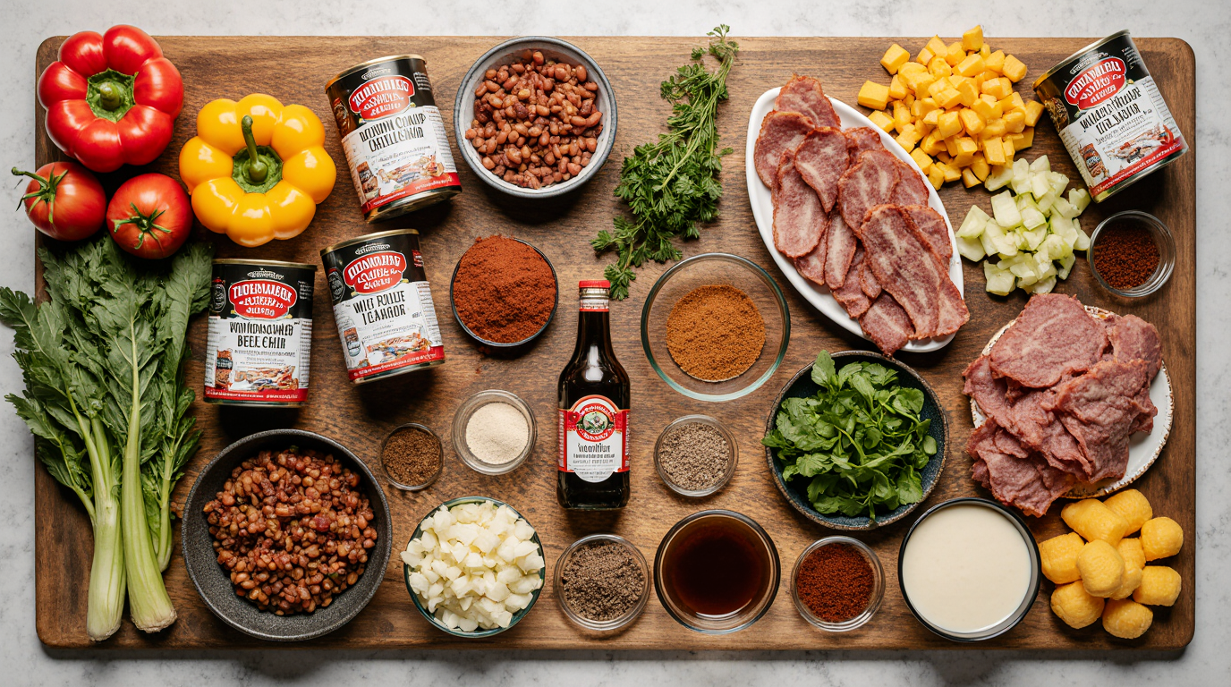Crockpot Chili Recipe (Award-Winning, Thick & Hearty 8-Hour Slow Cooker) 6 Photorealistic 16:4 wide landscape ingredients image overhead view of all crockpot chili ingredients artfully arranged across large rustic wooden board colorful diced bell peppers two red one green yellow onion chunks celery ribs seeded jalapeño minced garlic piles 6 slices thick-cut bacon pack 2 pounds ground beef tray 1 pound Italian sausage links three opened cans chili beans petite diced tomatoes tomato paste can tomato sauce bottle beef broth jars chili powder cumin smoked paprika oregano onion powder garlic powder Worcestershire bottle brown sugar beef bouillon packets olive oil bottle arranged in neat labeled groups vibrant fresh produce glossy canned goods spice bowls glass containers soft natural kitchen lighting high detail textures appetizing ingredient flatlay ultra wide Pinterest banner style recipe prep inspiration.