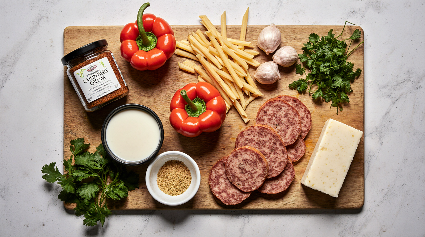 Overhead flat lay of all ingredients arranged artfully on a wooden board: sliced andouille sausage, bell peppers halved, garlic bulbs, heavy cream carton, penne package, Cajun spice jar, Parmesan block, fresh herbs, clean composition with subtle shadows, bright natural light, 3:2 aspect ratio.
