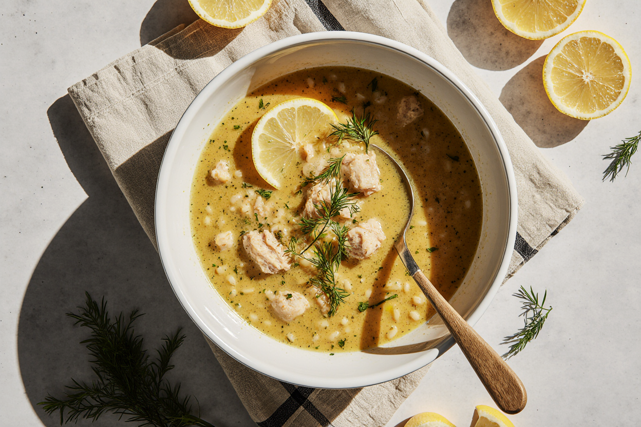 Photorealistic wide-angle shot of a steaming white bowl filled with golden Avgolemono Greek lemon chicken soup on a rustic linen napkin, surrounded by lemon halves fresh dill sprigs lemon wedges wooden spoon, soft morning sunlight casting warm shadows, professional food blog hero image style, highly detailed broth with orzo and shredded chicken visible, 16:9 aspect ratio, 4K ultra HD