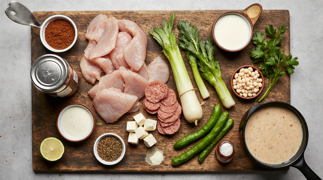 Cajun White Chicken Chili Recipe (Creamy, One-Pot, 40 Minutes) 8 Photorealistic top-down flat lay of all ingredients for Cajun white chicken chili arranged neatly on a wooden cutting board: bite-sized chicken pieces, sliced andouille sausage rounds, diced onion celery green bell pepper jalapeño (holy trinity), minced garlic in bowl, cans of white beans and green chiles, chicken broth carton, cubed cream cheese, lime halves, jars of Cajun seasoning cumin chili powder smoked paprika. Olive oil bottle and pot nearby. Bright overhead lighting, fresh vibrant colors, labeled subtly if possible, appetizing food styling, 3:2 aspect ratio, high resolution.