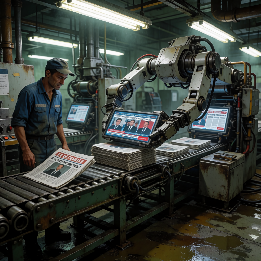 La fàbrica de notícies Una cadena de muntatge industrial on, en lloc de cotxes, es fabriquen portades de diaris i telenotícies. Un operari humà cansat mira com una màquina escup milers de titulars contradictoris sobre el mateix esdeveniment.