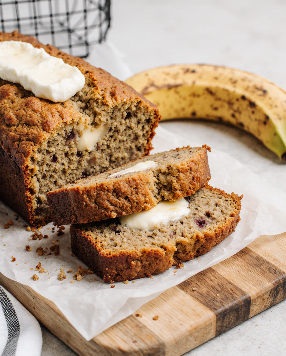 Łatwy Wilgotny Chleb Bananowy | Closeup zoomed-in amateur photo from reddit, taken with iphone 17 pro in human view side angle, looking taken by amateur, juicy mouthwatering homemade banana bread, perfectly moist and fluffy, with a golden crust and speckled with ripe banana chunks, ideal for breakfast or a delightful snack. --iw 3