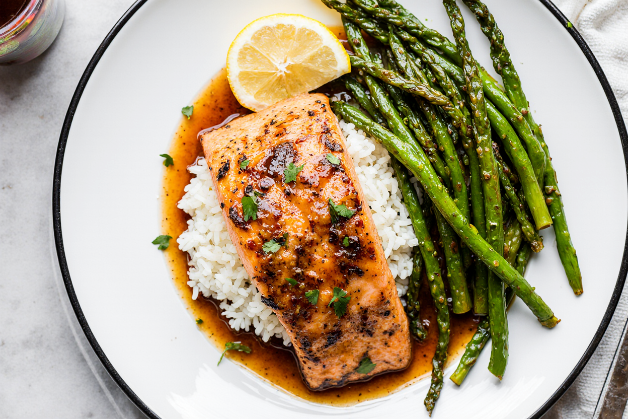 Cajun Honey Butter Salmon Recipe (15-Minute Sweet & Spicy Dinner) 6 Plated Cajun honey butter salmon fillet over jasmine rice with skillet green beans, extra sauce drizzled, lemon wedge on side, complete meal composition, top-down food styling, vibrant colors, steam effect, restaurant presentation,