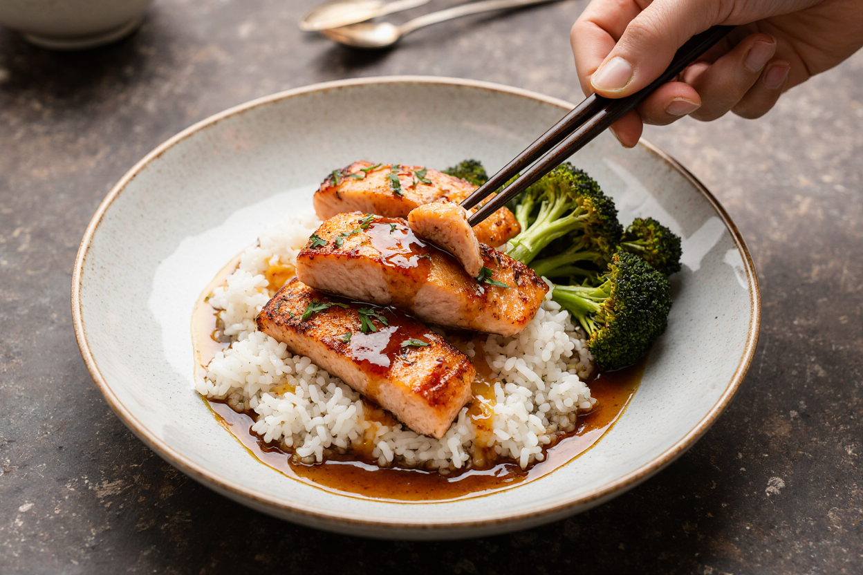 Crispy Honey Garlic Salmon Bites (20-Min Recipe) - Easy & Delicious 7 Beautiful plated serving of crispy honey garlic salmon bites over steamed white rice in shallow bowl, extra glaze drizzled, broccoli side, chopsticks picking one bite, steam effect, restaurant plating matching series warm tones, 1:1 square, photorealistic food porn, 4K.