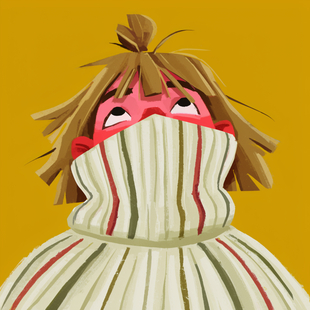 Stylized digital portrait of a person hidden behind an oversized ribbed turtleneck sweater.