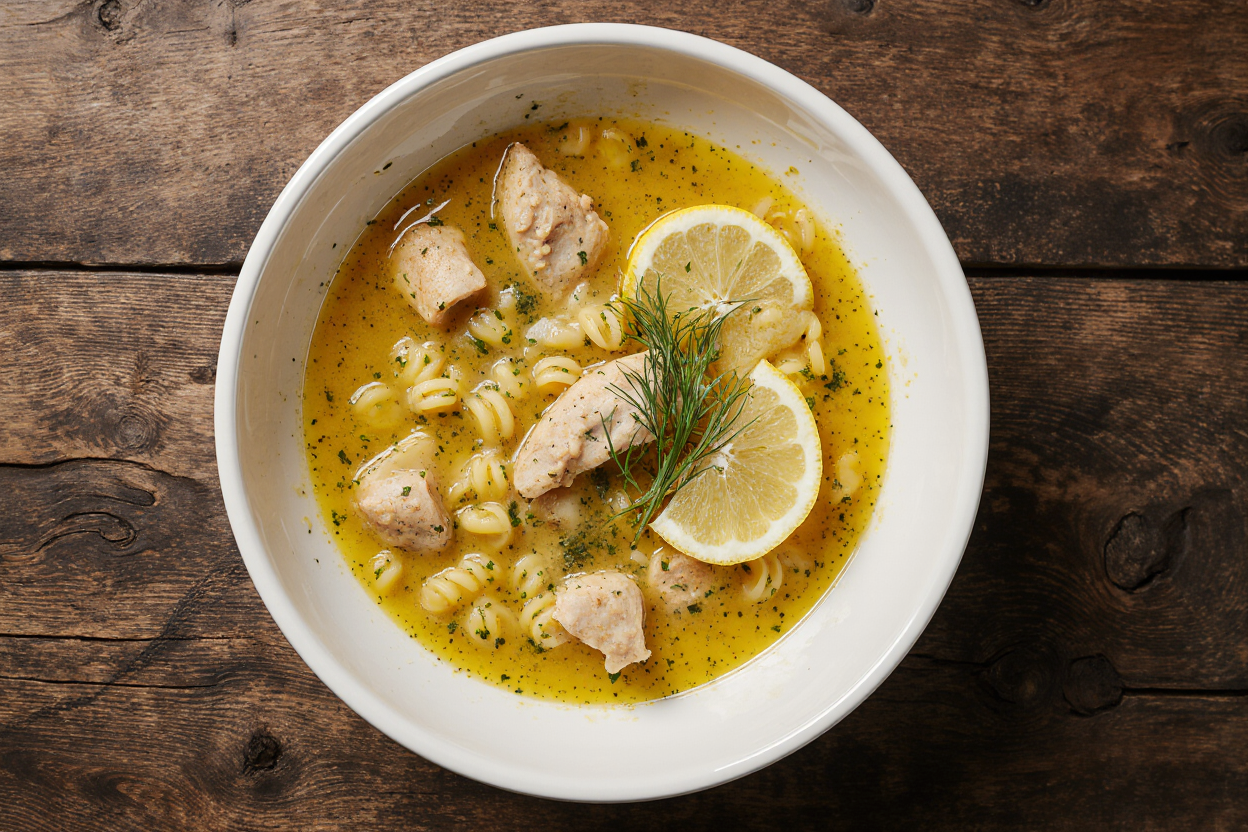Photorealistic overhead shot of a steaming bowl of authentic Greek Avgolemono lemon chicken soup in a white ceramic bowl on a rustic wooden table, vibrant yellow silky broth with shredded chicken, orzo pasta, lemon slices and fresh dill garnish, soft natural daylight from window, high detail, appetizing food photography style, 16:9 aspect ratio, 4K resolution.