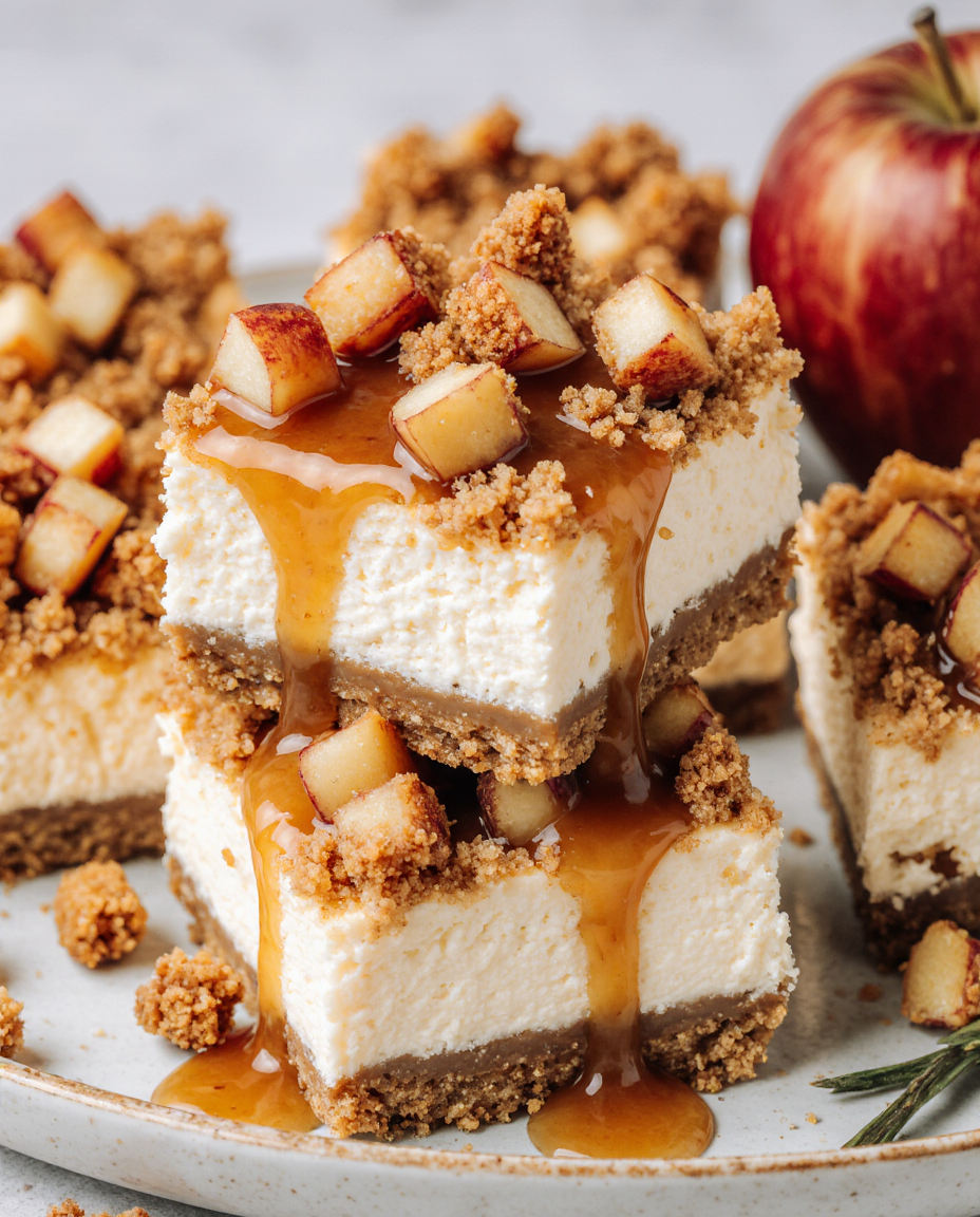 Sernikowe batoniki z jabłkami w karmelu | Closeup zoomed-in amateur photo from reddit, taken with iphone 17 pro in human view side angle, looking taken by amateur, juicy mouthwatering homemade creamy cheesecake bars with caramelized apples, a buttery graham cracker crust, and a rich caramel drizzle on top, perfect for any occasion. --iw 3