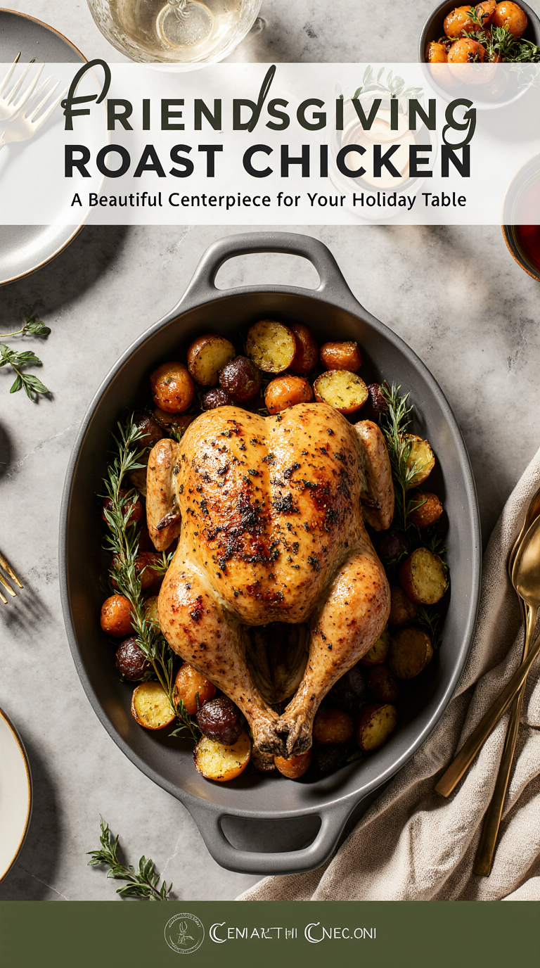 Design a high-end Pinterest food pin featuring a beautifully styled maple herb roast chicken as the centerpiece of an elegant Friendsgiving dinner party. Photograph the roasted chicken in a modern, shallow roasting pan with perfectly caramelized golden-brown skin. Surround it with evenly cut roasted vegetables (baby potatoes, carrots) and fresh herb sprigs for visual harmony.

Use a clean, editorial-style composition with soft natural lighting from the side, creating gentle highlights and luxe shadows. Background should be minimal and refined—light neutral tones, a linen tablecloth, or a marble surface. Add subtle fall elements such as eucalyptus, gold-toned flatware, or a modern candle holder to elevate the holiday feel without cluttering the frame.

Include professionally designed text overlay using premium typography:

Header (small, uppercase, modern sans serif):
FRIENDSGIVING DINNER PARTY

Main Title (large, elegant serif font):
Maple Herb Roast Chicken

Subheading (small, clean sans serif):
A Beautiful Centerpiece for Your Holiday Table

Position text within a semi-transparent overlay bar or negative space area for maximum readability. Use a cohesive color palette (warm neutrals, soft golds, dark sage, charcoal) that feels seasonal and upscale.

Overall aesthetic: magazine-quality, warm, polished, inviting, and highly clickable for holiday recipe boards.”