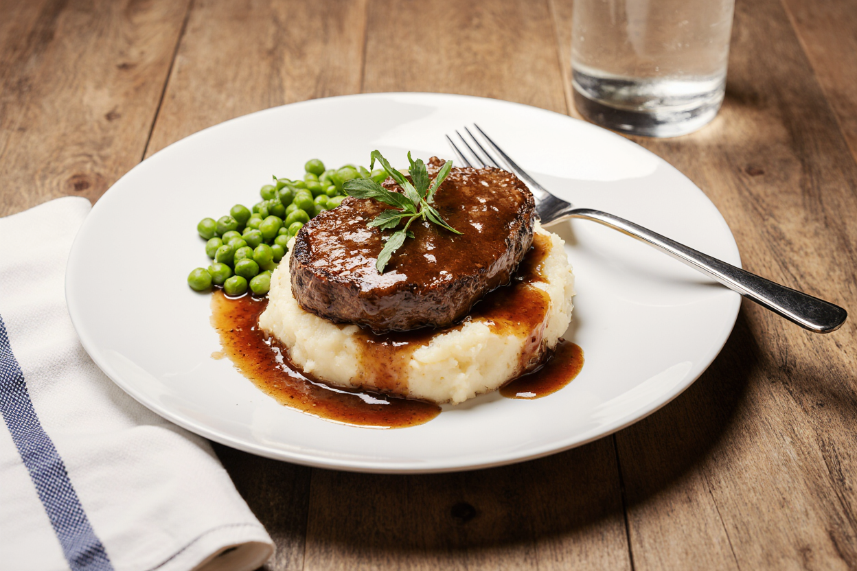 Serving platter of Swiss Steak over buttery mashed potatoes, rich gravy cascading, green peas side, fork in meat, wooden table with napkin, inviting dinner scene, soft focus background, 3:2 vertical.
