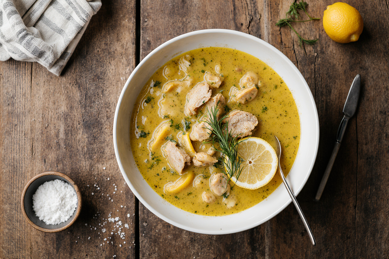 Photorealistic overhead shot of a steaming bowl of authentic Greek Avgolemono lemon chicken soup in a white ceramic bowl on a rustic wooden table, vibrant yellow silky broth with shredded chicken, orzo pasta, lemon slices and fresh dill garnish, soft natural daylight from window, high detail, appetizing food photography style, 16:9 aspect ratio, 4K resolution.