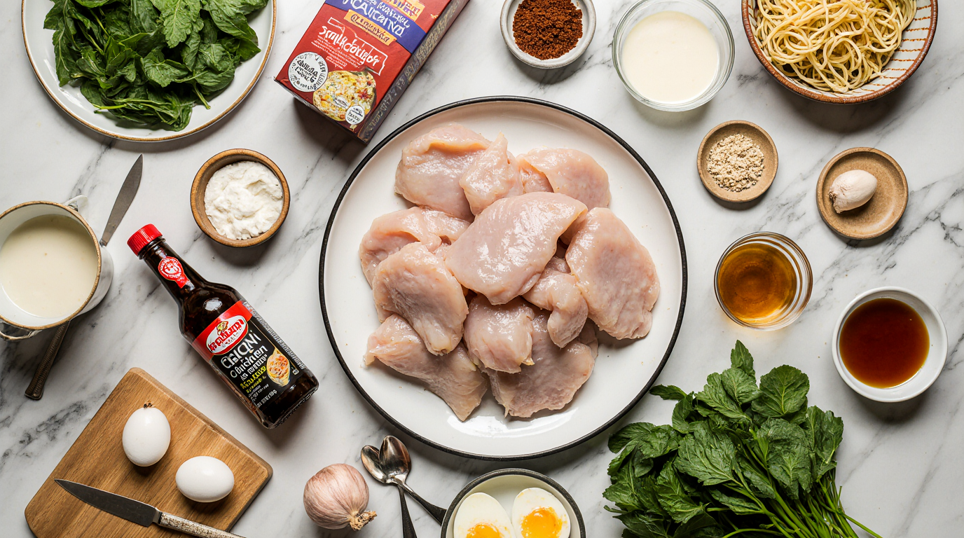 Create a stunning 3:2 overhead flat lay food photography of all ingredients for creamy garlic chicken ramen recipe, perfectly arranged on a clean white marble countertop. Center a pile of fresh bite-sized raw chicken thighs glistening slightly. Surround with: whole garlic bulbs and minced garlic in a small bowl, carton of heavy cream pouring slightly, package of dried ramen noodles spilling out, bottle of soy sauce with droplets, small jar of red chili sauce/sriracha, golden honey jar, smoked paprika shaker, fresh green onions in a bunch, chicken broth carton, bundle of fresh spinach leaves, and two soft-boiled eggs halved showing runny yolks. Add wooden cutting board, chef's knife, and measuring spoons scattered naturally. Bright natural overhead light, crisp shadows for depth, vibrant colors, professional recipe styling, high-resolution, appetizing prep composition.