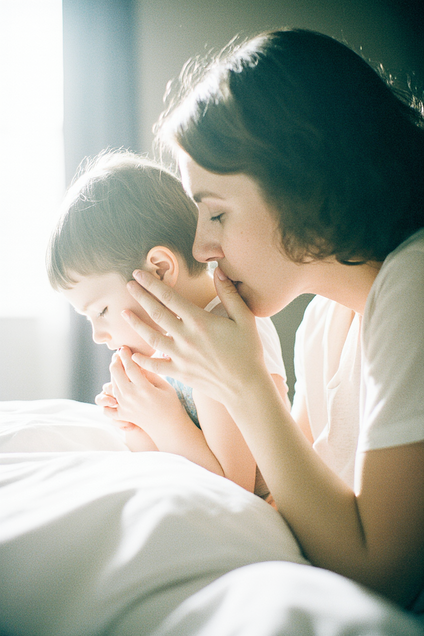 Create an image of  a mother watching as her elementary school aged child is saying her bedtime prayers with hands folded in prayer. 