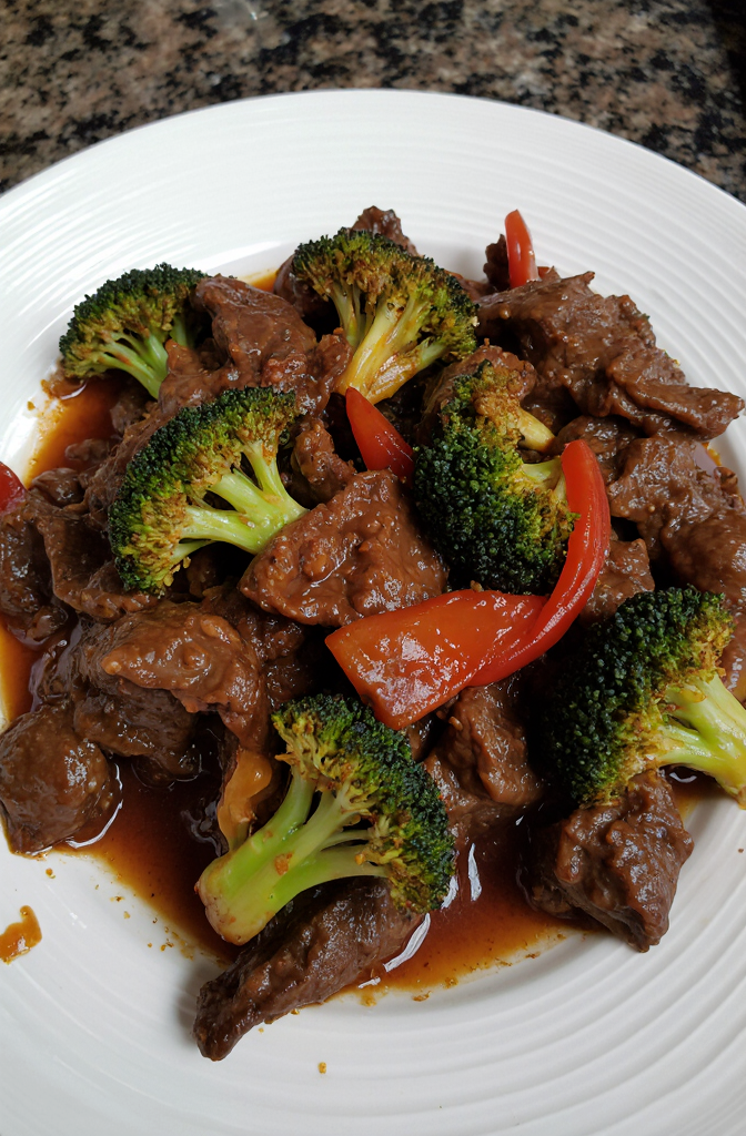 Wołowina po chińsku z brokułami | Closeup zoomed-in amateur photo from reddit, taken with iphone 15 pro in human view side angle, looking taken by amateur, juicy mouthwatering homemade Chinese beef with broccoli, featuring tender slices of beef stir-fried to perfection, vibrant green broccoli florets, and colorful red bell peppers, all coated in a rich, savory sauce that glistens invitingly. --iw 3