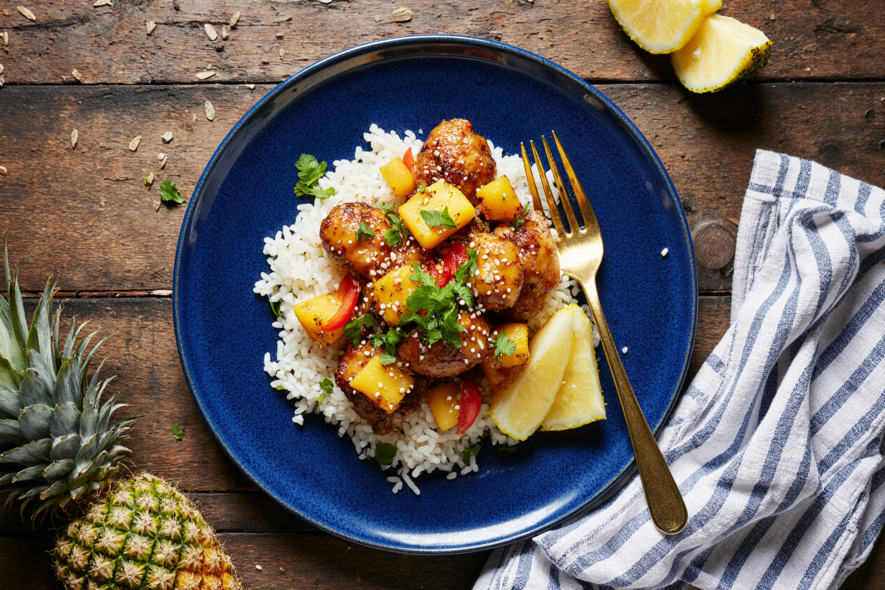 Easy Pineapple Chicken and Rice (30-Minute One-Pan Dinner!) 7 : A vibrant hero image for a pineapple chicken and rice recipe: overhead wide shot on a rustic wooden table, blue ceramic plate piled with fluffy jasmine rice topped with glossy honey-soy glazed chicken bites, bright yellow pineapple chunks, crisp red bell pepper dice, garnished with chopped green onions and sesame seeds. Steam rising subtly, two fresh pineapple wedges on side, gold fork, warm natural sunlight filtering in, professional food photography style with shallow depth of field, high detail, appetizing colors, 3:2 landscape.