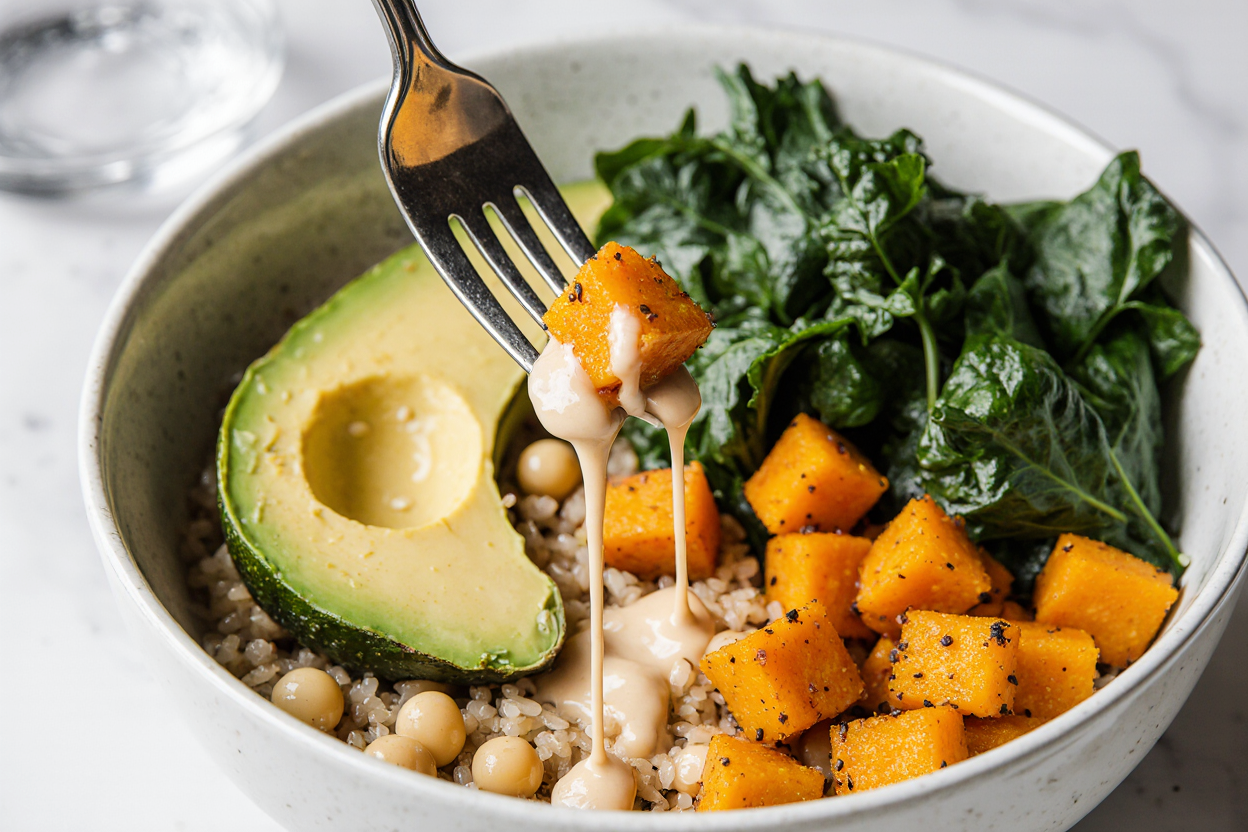 Anti-Inflammatory Glow Bowl Recipe (Roasted Veggie Quinoa Bliss) 6 Photorealistic extreme close-up of one anti-inflammatory glow bowl section. Fork piercing quinoa, lifting crispy chickpea and sweet potato with tahini drizzle stringing down, avocado slice, kale leaf. Dewy textures, rich colors, shallow depth of field, mouthwatering focus.