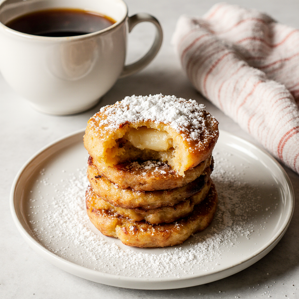 Apple Fritter Bites Recipe (Baked or Fried) - Easy Cinnamon Apple Glaze Treats 6 Stack of cooled glazed apple fritter bites on white plate, bite taken out revealing soft apple interior, powdered sugar dusting, coffee cup and napkin beside, cozy brunch table setting, soft morning light, appetizing 4K, 4:3.