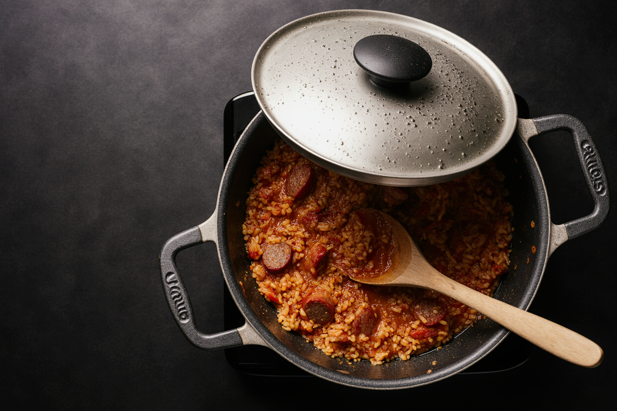 Top-down view of covered skillet simmering on low heat, lid slightly ajar showing bubbling tomato rice mixture with sausage peeking through, condensation on lid, wooden spoon handle resting nearby. Cozy stove top setting, soft focus background, patience-in-cooking feel. 16:9 landscape.