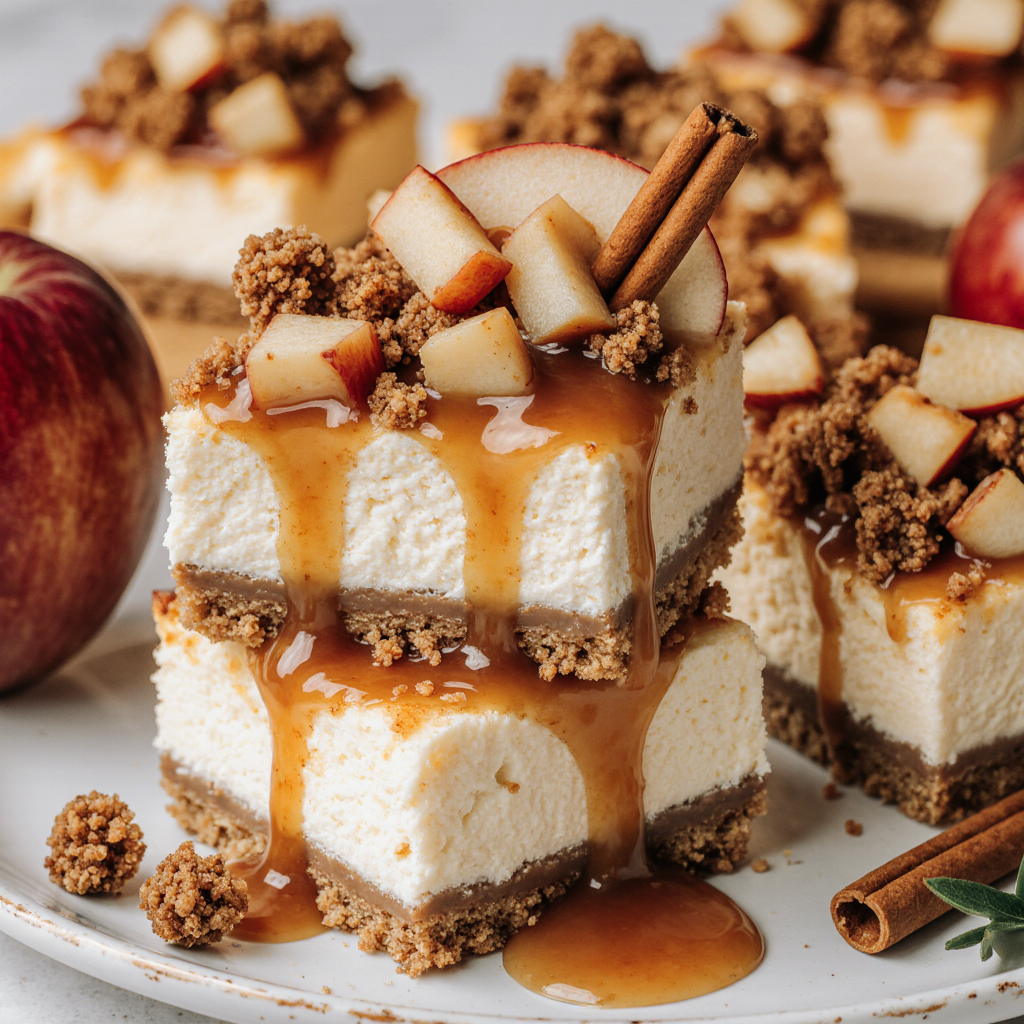 Caramel Apple Cheesecake Bars - Easy Fall Dessert with Streusel & Caramel Drizzle 4 Single caramel apple cheesecake bar on a white dessert plate garnished with apple slice and cinnamon stick, fork cutting in revealing layers, soft bokeh background with more bars, elegant food styling, photorealistic, 1:1