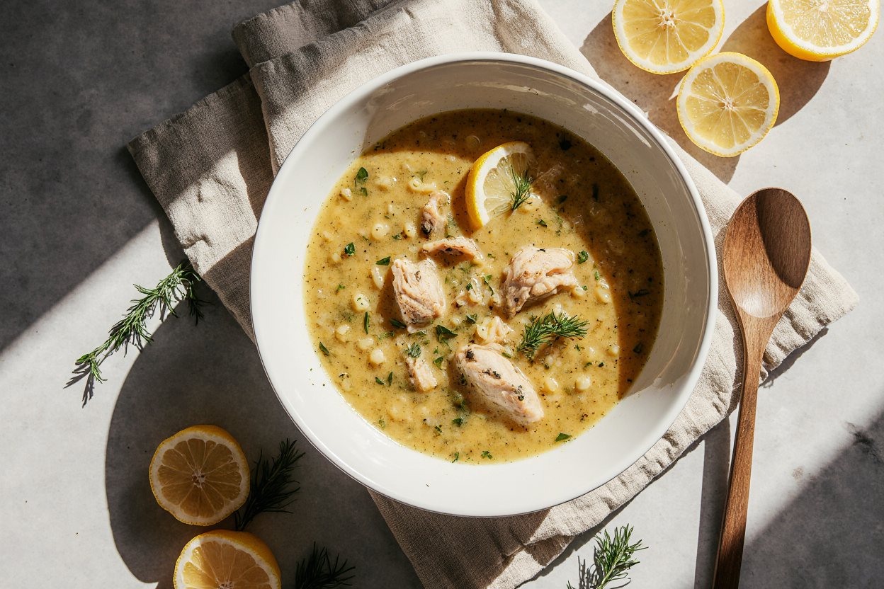 Photorealistic wide-angle shot of a steaming white bowl filled with golden Avgolemono Greek lemon chicken soup on a rustic linen napkin, surrounded by lemon halves fresh dill sprigs lemon wedges wooden spoon, soft morning sunlight casting warm shadows, professional food blog hero image style, highly detailed broth with orzo and shredded chicken visible, 16:9 aspect ratio, 4K ultra HD