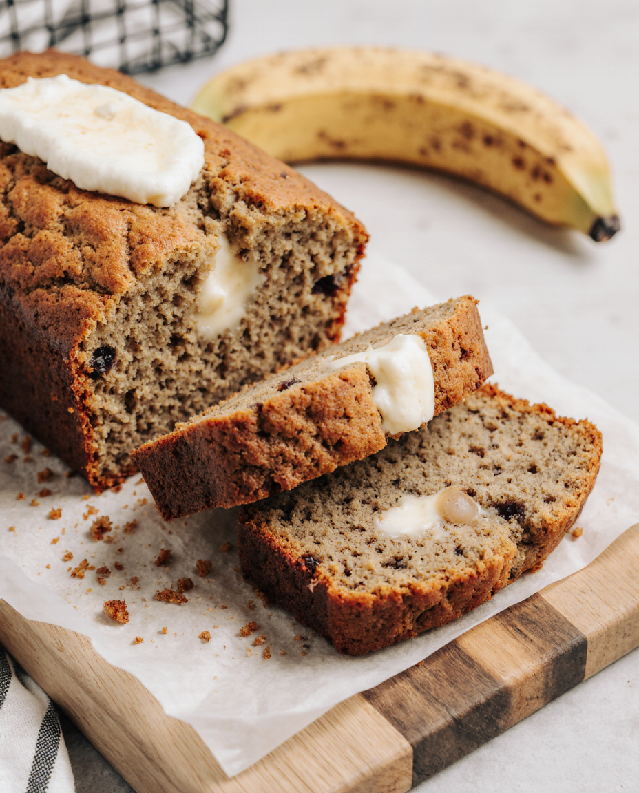 Łatwy Wilgotny Chleb Bananowy | Closeup zoomed-in amateur photo from reddit, taken with iphone 17 pro in human view side angle, looking taken by amateur, juicy mouthwatering homemade banana bread, perfectly moist and fluffy, with a golden crust and speckled with ripe banana chunks, ideal for breakfast or a delightful snack. --iw 3