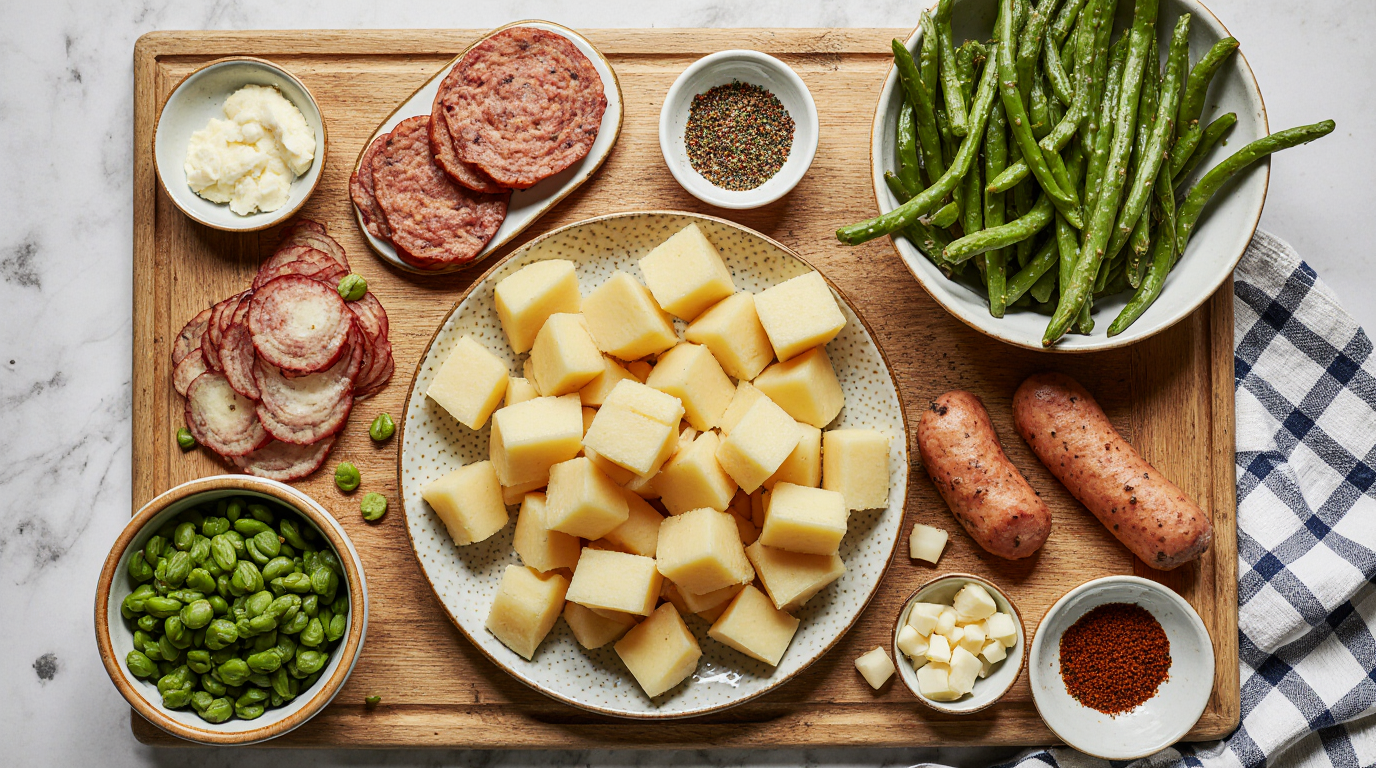 Photorealistic flat lay of swamp potatoes and sausage recipe ingredients arranged neatly on a wooden cutting board: pile of diced Yukon gold potatoes, sliced smoked sausage links, trimmed green beans bundle, diced yellow onion, pats of melting butter, small bowls of Cajun seasoning and onion soup mix packets, garlic powder shaker, fresh and vibrant, soft natural light, mouthwatering prep scene, 3:2 aspect ratio.