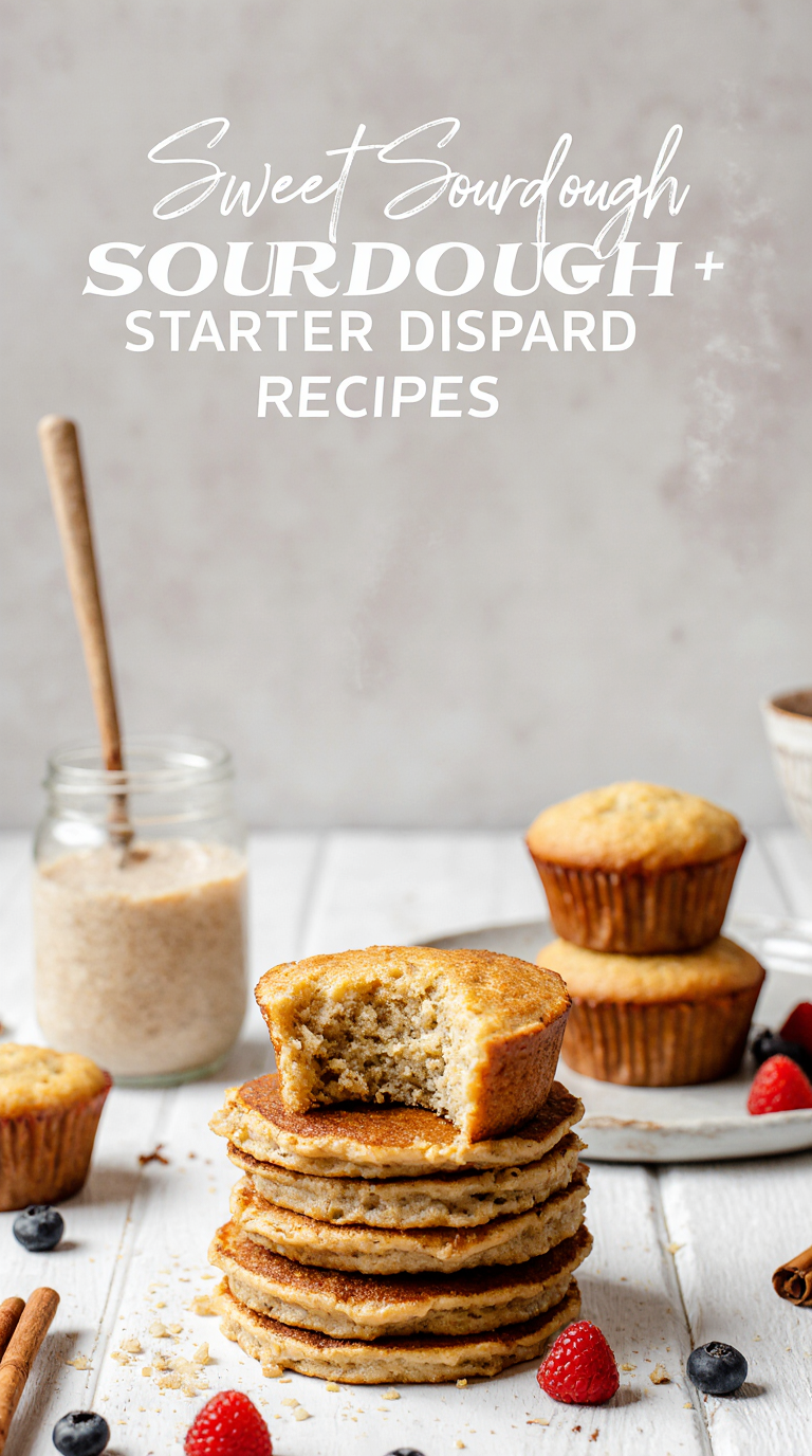 Create a bright, mouthwatering Pinterest-style food image featuring a selection of sweet sourdough starter discard treats such as pancakes, muffins, cookies, or banana bread slices. Show soft textures, golden edges, and appealing close-up details that highlight the baked goods' airy, tender crumb. Use natural daylight with warm, soft shadows on a clean white or light wooden background. Include props like a jar of sourdough starter, fresh fruit, or cinnamon sticks for visual storytelling. Capture from a top-down or 45-degree angle. Add minimal, elegant text overlay reading ‘Sweet Sourdough Starter Discard Recipes’ in bold, modern typography. The overall aesthetic should feel fresh, cozy, homemade, and highly clickable for recipe inspiration